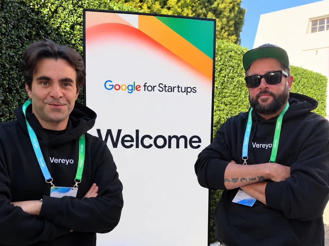 Vereyo co-founders Nicholas Jarecki and Matt Russell at the Google for Startups welcome sign at LA Tech Week